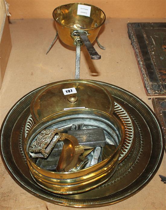 Brass and wrought iron saucepan trivet, oval brass lidded box, circular tray, ladle and 6 other brass ornamental iterms